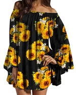 Women Off Shoulder Floral Print Ruffle Sleeve Blouse Mini Dress