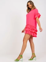 Fluo pink dress with ruffles and short sleeves RUE PARIS