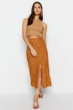 Trendyol Orange Ethnic Patterned Slit Detailed Midi Woven Skirt