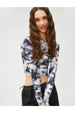 Koton Crop T-Shirt Long Sleeve Crew Neck Patterned