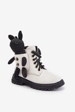 Leather insulated children's ankle boots with zipper with Vinceza bear white