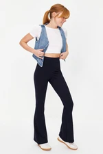 Trendyol Navy Blue Ribbed Flare/Spanish Leg High Waist Stretchy Knitted Leggings Trousers