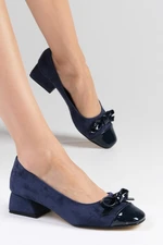 Mio Gusto Cassidy Dark Blue Women's Short Heeled Shoes with Bowknot and Accessories.