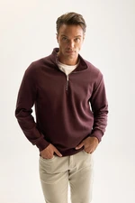 DEFACTO Men's Burgundy 3 Thread Cotton Raised Polar Fleece Regular Fit Stand Collar Zippered Thick Sweatshirt