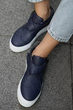 Mio Gusto Navy Blue Leather Women's Sneakers