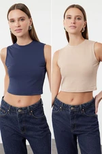 Trendyol Mink-Indigo 2 Pack Sleeveless Crop Cotton Stretchy Knitted Undershirt