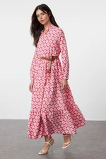 Trendyol Fuchsia Belted Skirt Flounced Floral Patterned Lined Woven Dress