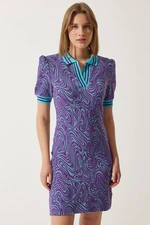 Happiness İstanbul Women's Purple Patterned Polo Collar Knitwear Dress