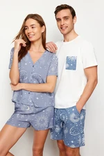 Trendyol Ecru Blue Printed Regular Fit Couple/Double Knitted Shorts Pajama Set