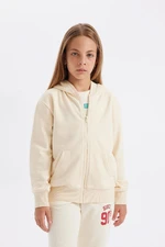 DEFACTO Girls Basic Hooded Zippered Pocket Ecru School Cardigan