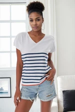 92125 Dewberry Striped Marine Short Sleeve Knitwear T-shirt-WHITE