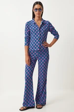 Happiness İstanbul Women's Blue Pink Patterned Summer Woven Shirt and Trousers Set