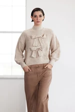 Trendyol Limited Edition Beige Wide Pattern Soft Texture Ribbon/Bow Detailed Knitwear Sweater