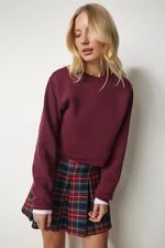 Happiness İstanbul Women's Burgundy Raised Crop Sweatshirt