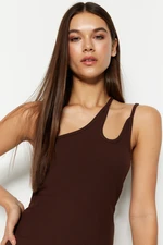 Trendyol Brown One-Shoulder Fitted/Plastic Ribbed Stretch Knit Blouse