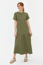 Trendyol Khaki Gathered Short Sleeve Knitted Maxi Dress