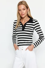 Trendyol Black Striped Soft Fabric Fitted Polo Neck Buttoned Stretchy Knitted Blouse