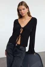 Trendyol Black Body-Sit Regular/Normal Pattern Elastic Knitted Blouse with Tie Detail