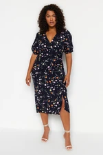 Trendyol Curve Navy Blue Floral Knitted Dress With Double Breasted Collar