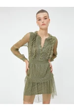 Koton Mini Dress V-Neck Tulle Tiered With Buttons, Ruffle Detailed Gipple