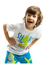 Denokids Shark Island Boys White T-shirt, Blue Shorts Summer Suit.