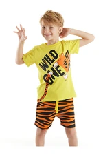 Denokids Wild One Boys' Yellow T-shirt With Tiger Pattern Shorts Set.