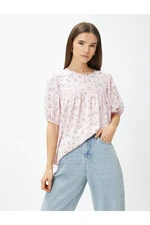 Koton Floral Blouse with Scalloped Stripe Detailed Balloon Sleeve