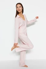 Trendyol Pink Striped Slit Detailed Shirt-Pants Woven Pajama Set
