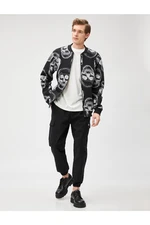 Koton Bomber Jacket with Skull Print Zipper Pocket Detailed