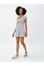 Koton Floral Mini Dress Sweetheart Neck Balloon Sleeves Tie Detailed