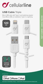 USB kabel CellularLine se 3 adaptéry Lightning+Micro USB+USB-C, bílý