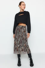 Trendyol Brown Elastic Waist, Printed Midi-Length Lined Tulle Knitted Skirt