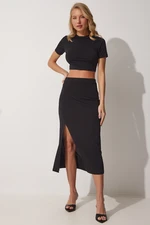 Happiness İstanbul Women's Black Crop Slit Pencil Skirt Suit