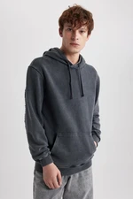 DEFACTO Black Regular Fit Hooded Washed Faded Effect Kangaroo Pocket Sweatshirt