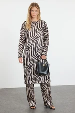 Trendyol Beige Crinkle Knitted Animal Zebra Patterned Long Tunic Top-Bottom Set