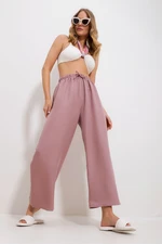 Trend Alaçatı Stili Women's Powder Pink Elastic Waist Wide Leg Loose Woven Trousers