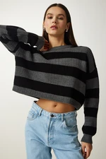 Happiness İstanbul Women's Gray Black Striped Crop Knitwear Sweater