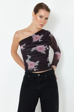 Trendyol Black*001 Floral Single Sleeve Gather/Drape Detailed Regular/Normal Fit Knitted Blouse