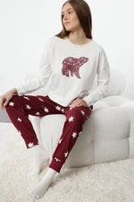 Trendyol Claret Red 100% Cotton Star Patterned Knitted Pajama Set