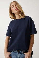 Happiness İstanbul Women's Navy Blue Loose Basic Cotton T-Shirt