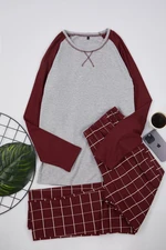 Trendyol Claret Red - Gray Men's Regular Fit Raglan Sleeve Checked Knitted Pajama Set