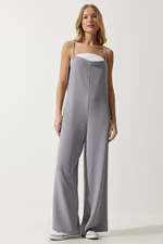 Happiness İstanbul Women's Gray Strap Loose Knitted Overalls Jumpsuit