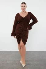 Trendyol Curve Brown Ribbed Knitwear Plus Size Dress