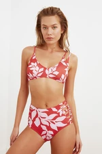 Trendyol Colorful Leaf Pattern Cross-Connected High Waist Bikini Bottom