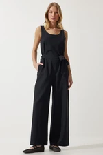 Happiness İstanbul Women's Black Belted Linen Jumpsuit