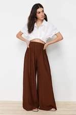 Trendyol Pleat Detailed Wide Leg Dark Brown Textured Fabric Woven Trousers