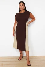 Trendyol Curve Brown-Beige Color Block Midi Crepe Knitted Plus Size Dress