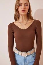 Happiness İstanbul Women's Brown V Neck Ribbed Lycra Knitted Blouse