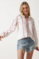 Happiness İstanbul Women's Ecru Embroidered Linen Surface Blouse