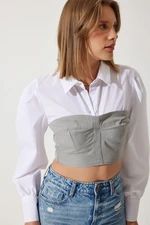 Happiness İstanbul Women's White Gray Block Color Crop Shirt Blouse